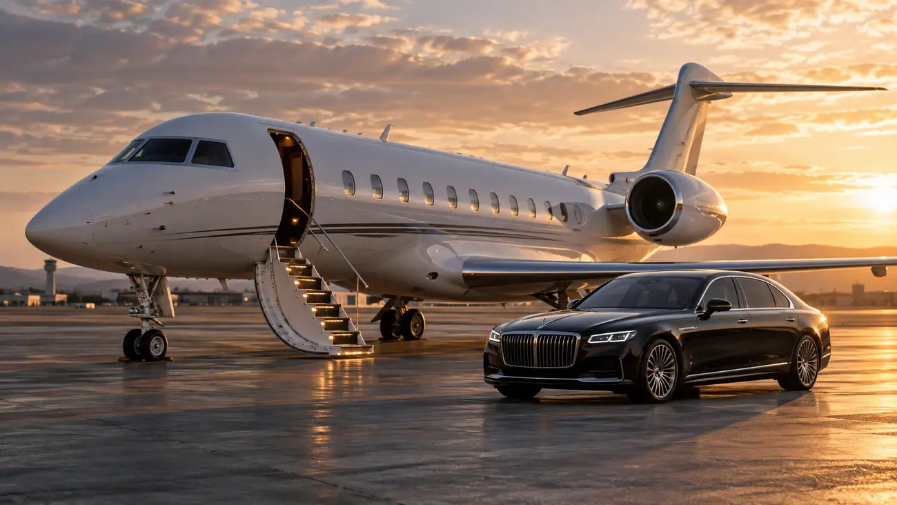 Jet d’affaires au sol avec une automobile premium sur le tarmac