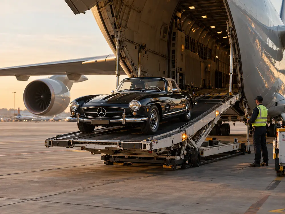 Automobile de collection descendue d’un avion sur une plateforme aéroportuaire