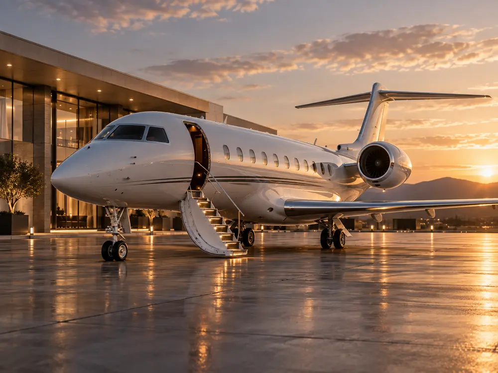 Business jet moderne stationné devant un terminal privé