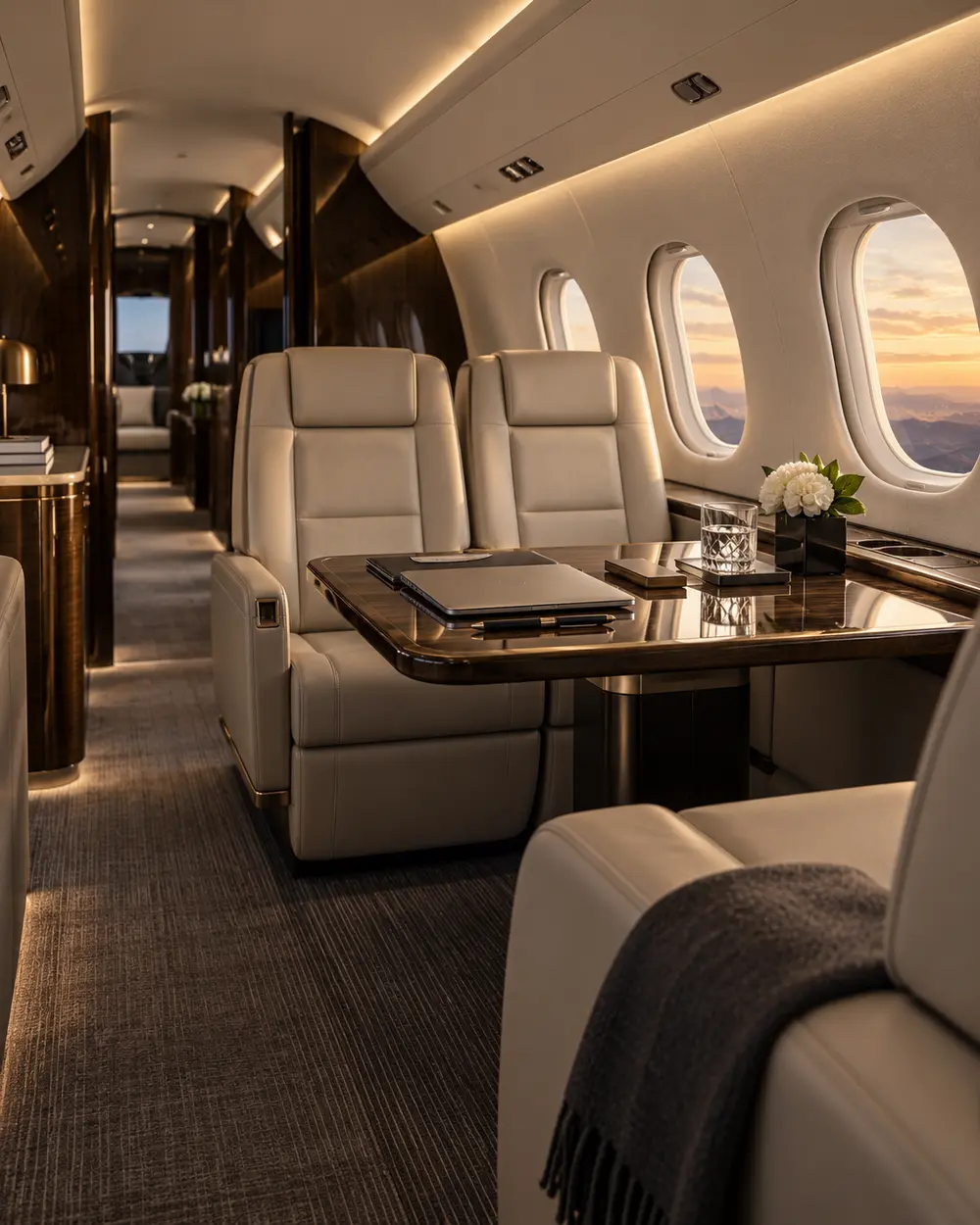 Cabine sobre d’un jet privé configurée pour un déplacement professionnel