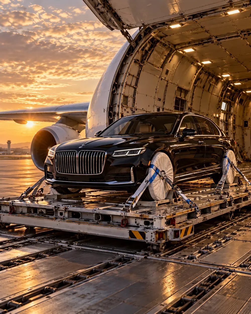 Automobile d’exception sécurisée sur un équipement de transport aérien